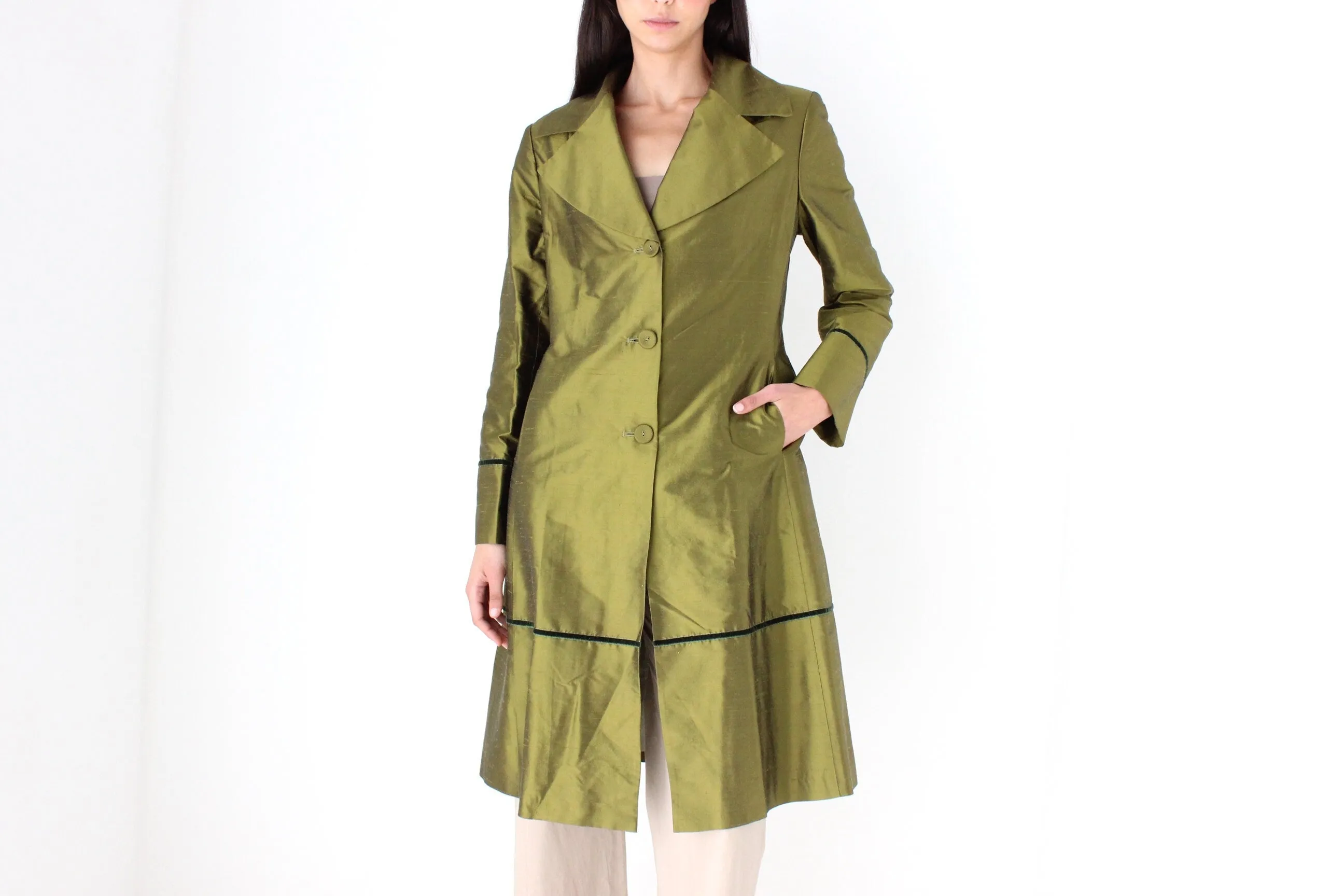 90s Metallic Raw Silk Olive Green Coat by Tintoretto