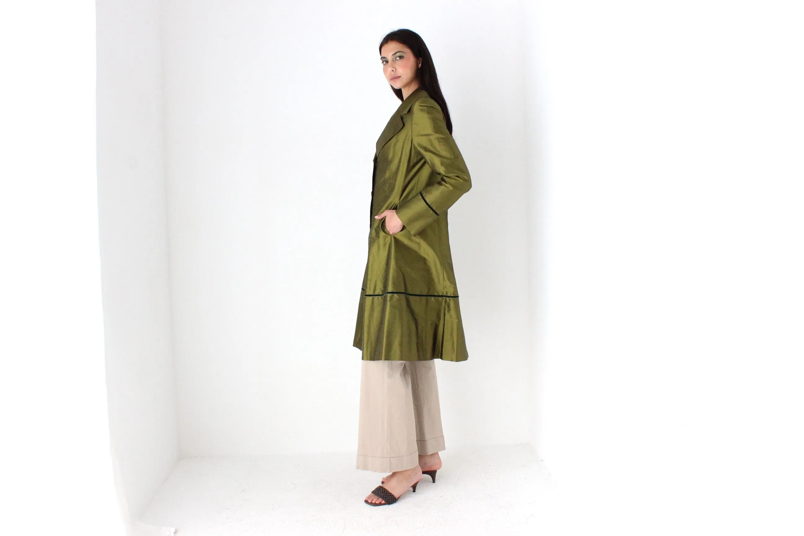 90s Metallic Raw Silk Olive Green Coat by Tintoretto