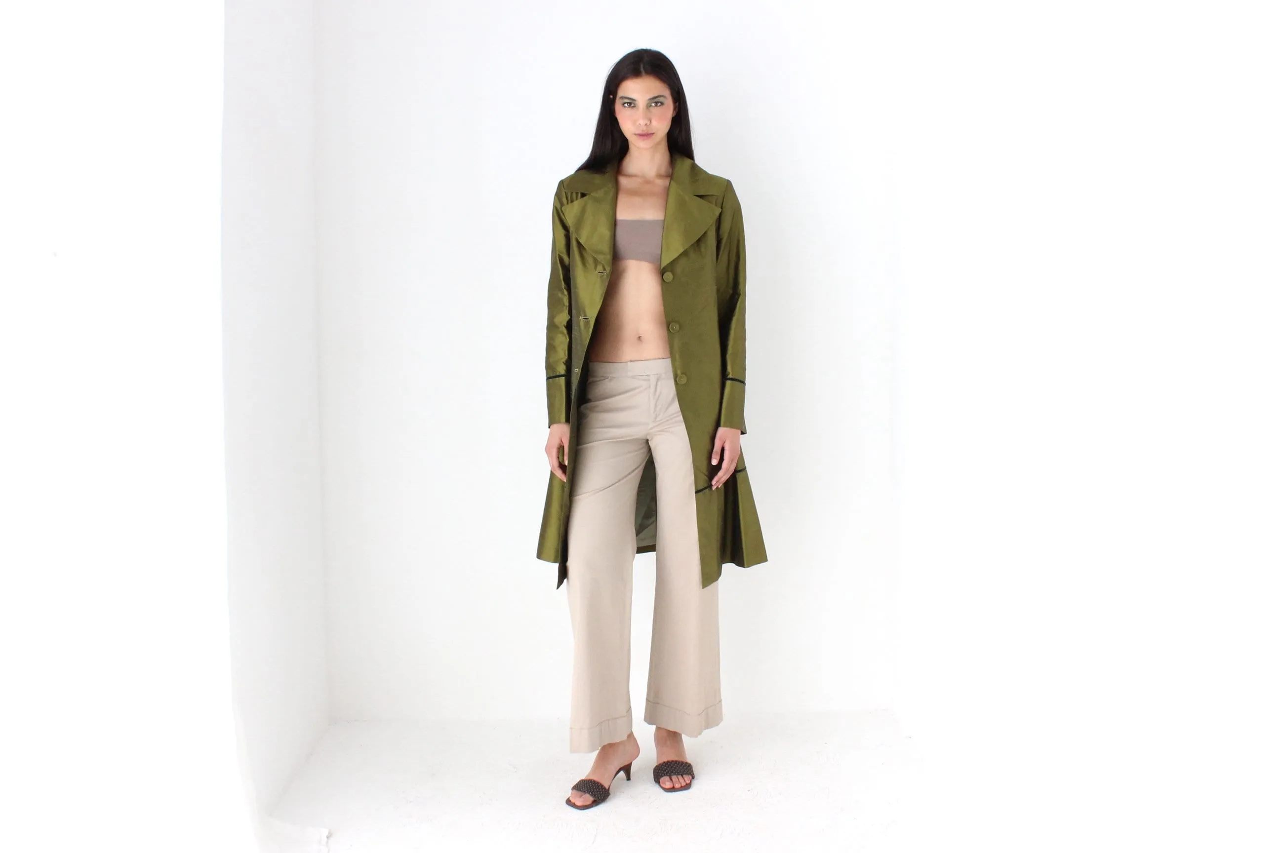 90s Metallic Raw Silk Olive Green Coat by Tintoretto