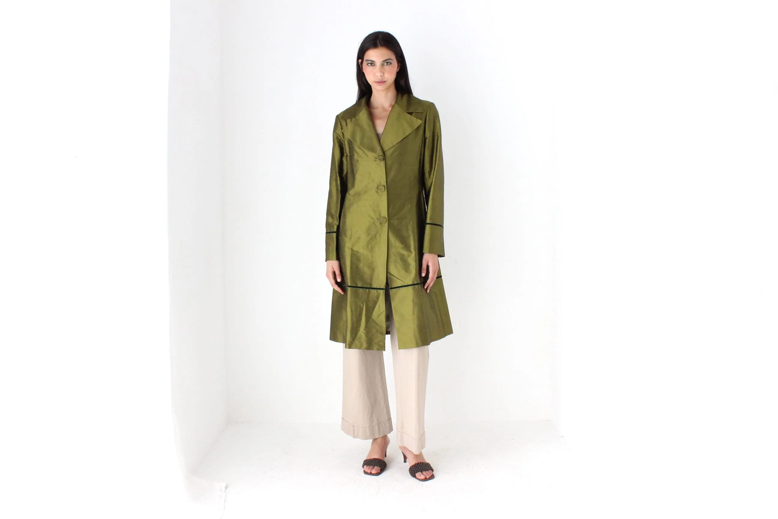 90s Metallic Raw Silk Olive Green Coat by Tintoretto