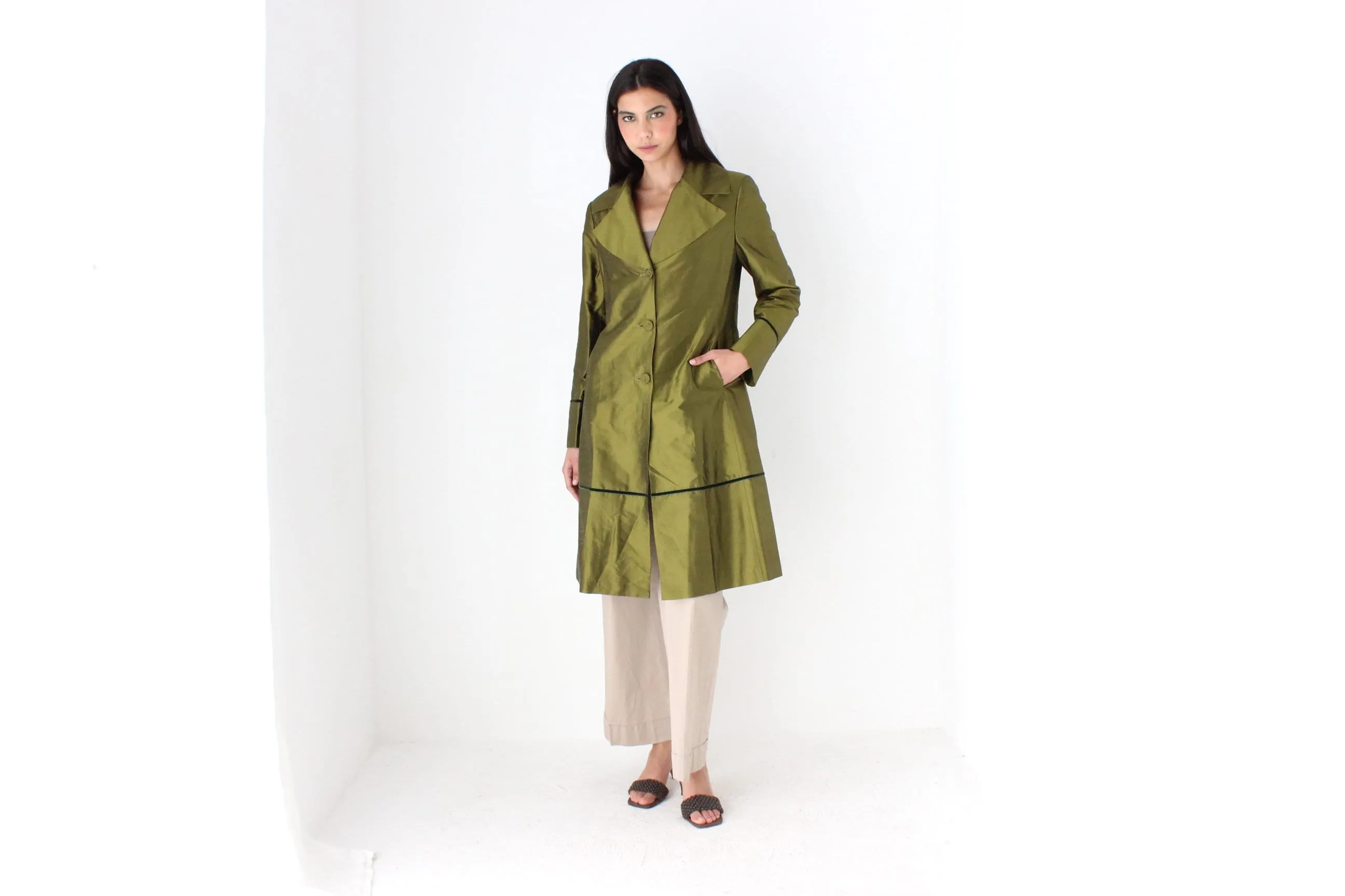 90s Metallic Raw Silk Olive Green Coat by Tintoretto