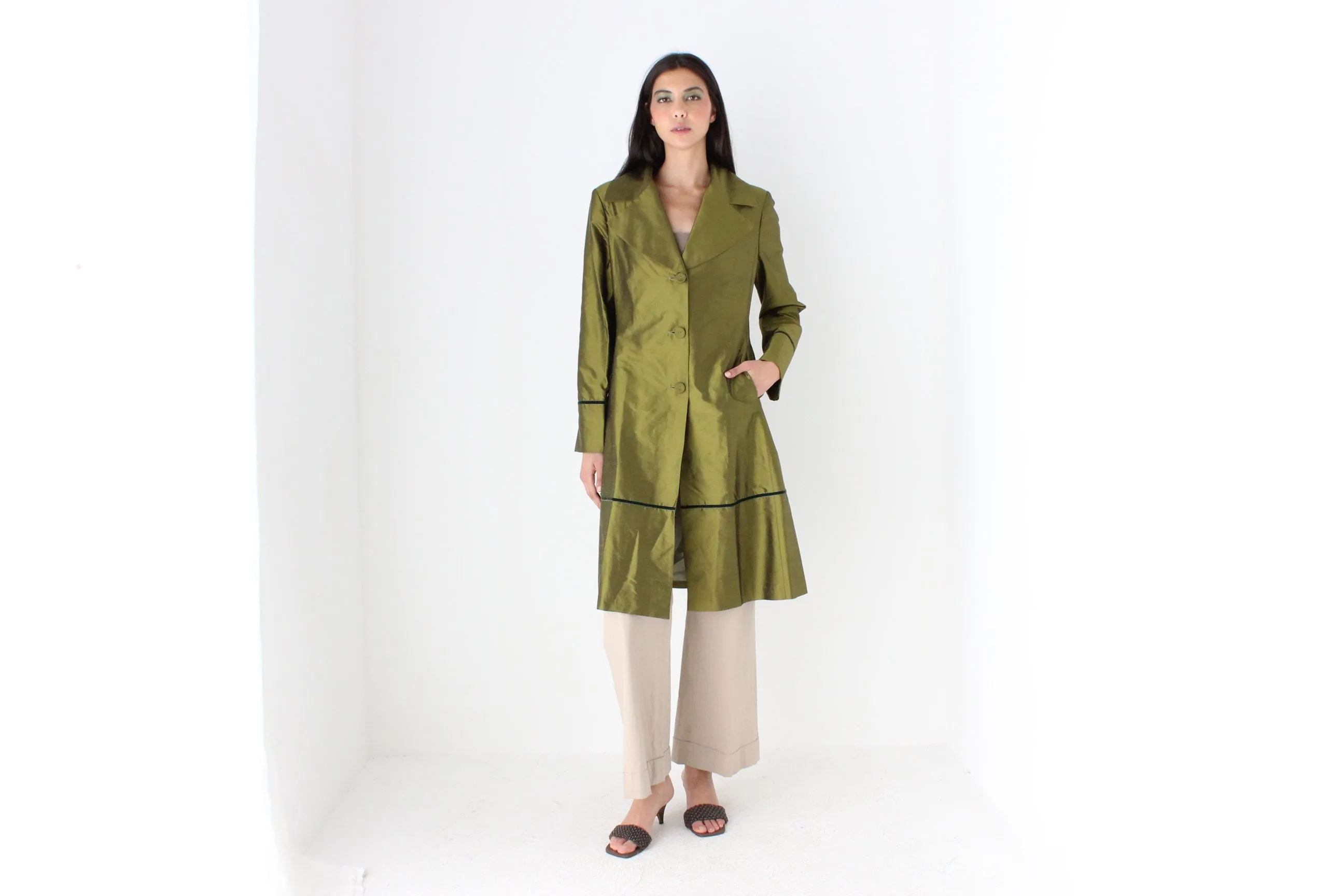 90s Metallic Raw Silk Olive Green Coat by Tintoretto