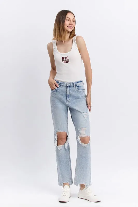 90'S SUPER HIGH RISE DISTRESSED STRAIGHT JEANS