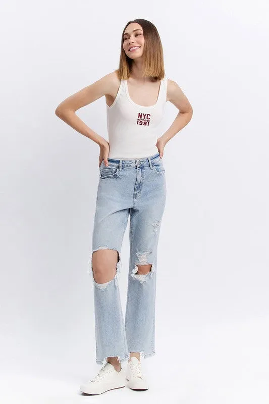 90'S SUPER HIGH RISE DISTRESSED STRAIGHT JEANS