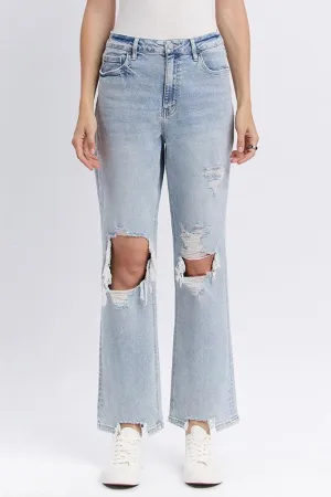 90'S SUPER HIGH RISE DISTRESSED STRAIGHT JEANS