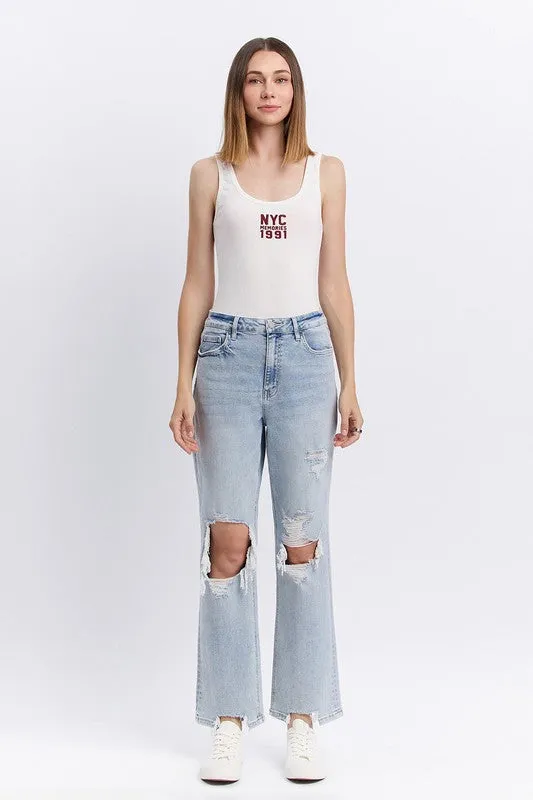 90'S SUPER HIGH RISE DISTRESSED STRAIGHT JEANS