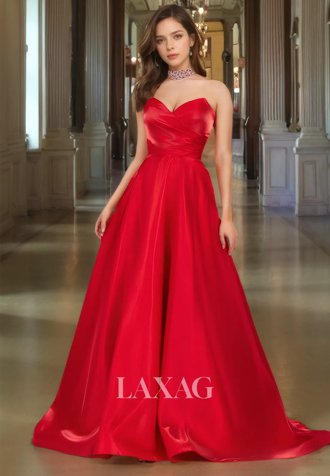 A-Line Sweetheart Off-Shoulder Sleeveless Prom Dress Beaded Pleated Satin Evening Gowns