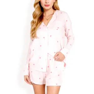 Anna-Kaci Women's Heart Print 2-Piece Pajama Set with Long Sleeve Button-Up Shirt and Relaxed Fit Elastic Waist Shorts