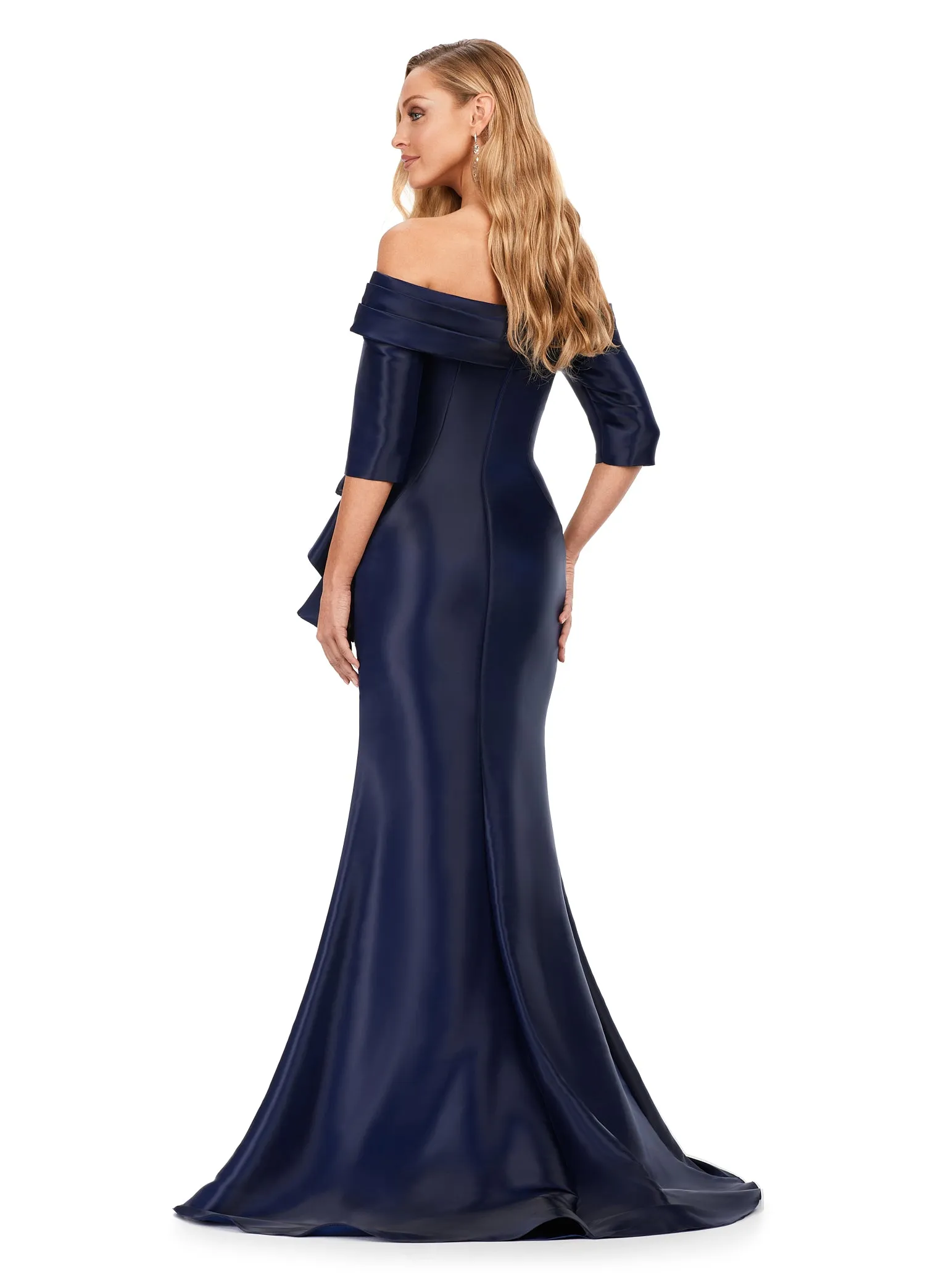 Ashley Lauren 11324 Phantom Satin Off The Shoulder Ruffle Detailing Mermaid Fitted Silhouette Evening Dress Long Prom Pageant