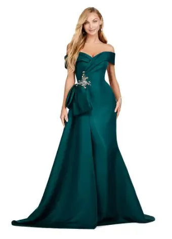Ashley Lauren 11425 Long Evening Dress Off Shoulder Fitted Satin Mother of Dress Overskirt Formal
