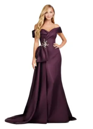 Ashley Lauren 11425 Long Evening Dress Off Shoulder Fitted Satin Mother of Dress Overskirt Formal
