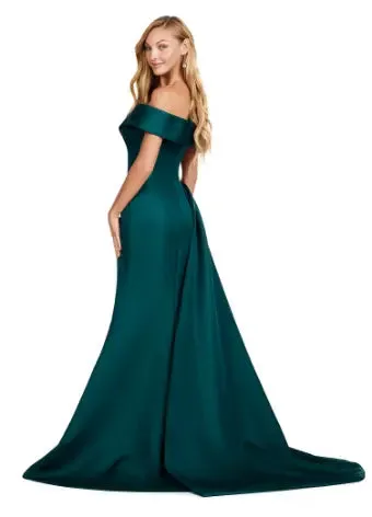 Ashley Lauren 11425 Long Evening Dress Off Shoulder Fitted Satin Mother of Dress Overskirt Formal