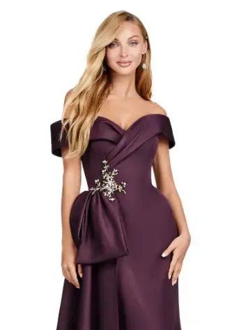 Ashley Lauren 11425 Long Evening Dress Off Shoulder Fitted Satin Mother of Dress Overskirt Formal