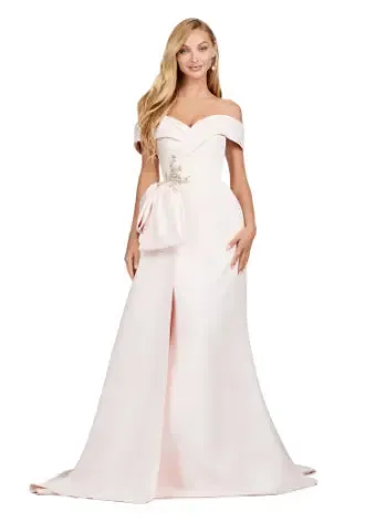 Ashley Lauren 11425 Long Evening Dress Off Shoulder Fitted Satin Mother of Dress Overskirt Formal