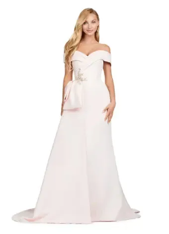 Ashley Lauren 11425 Long Evening Dress Off Shoulder Fitted Satin Mother of Dress Overskirt Formal