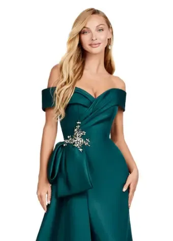 Ashley Lauren 11425 Long Evening Dress Off Shoulder Fitted Satin Mother of Dress Overskirt Formal