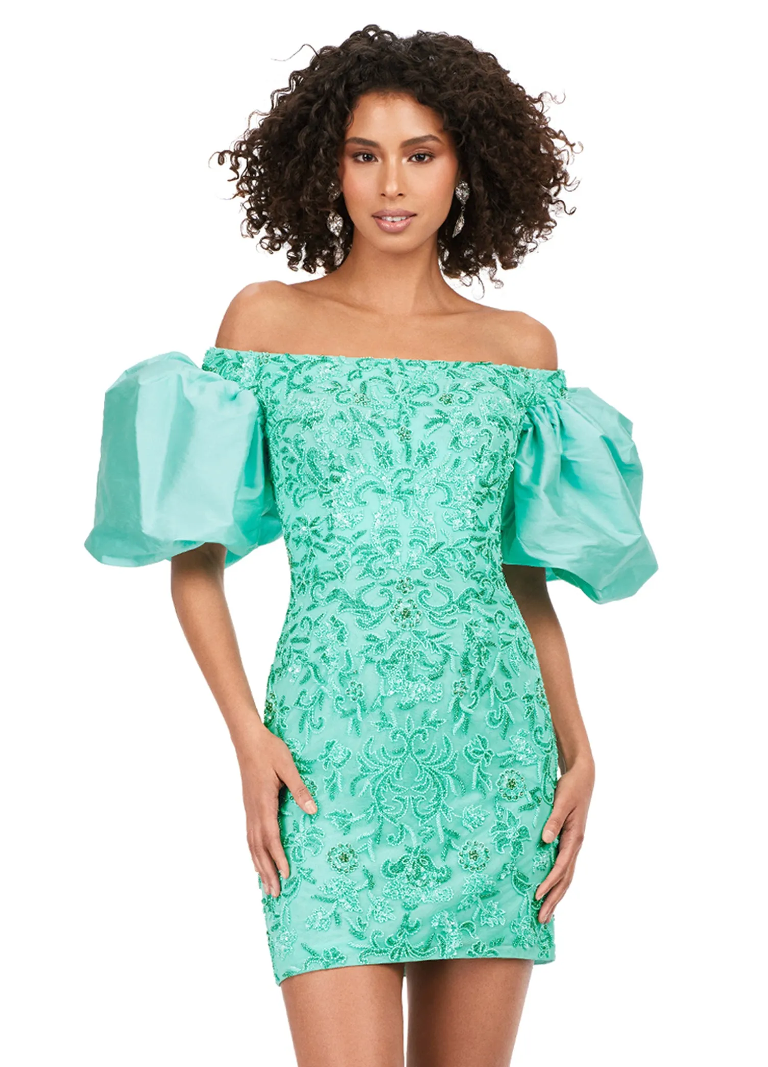 Ashley Lauren 4609 Off The Shoulder Puff Sleeve Beaded Fitted Cocktail Homecoming Dress