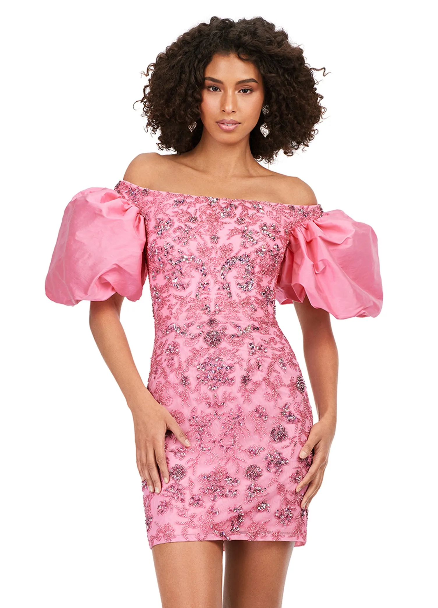 Ashley Lauren 4609 Off The Shoulder Puff Sleeve Beaded Fitted Cocktail Homecoming Dress