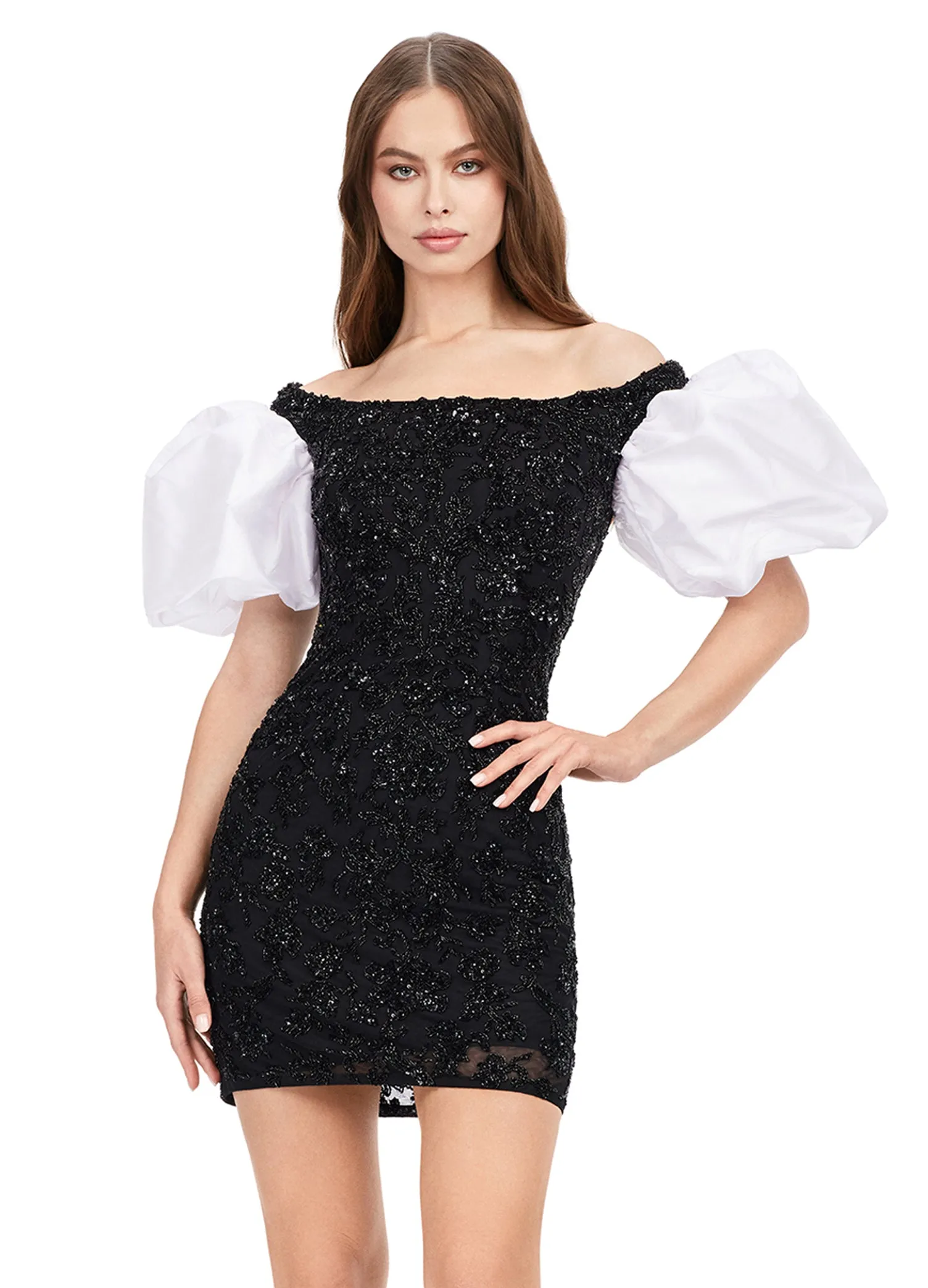 Ashley Lauren 4609 Off The Shoulder Puff Sleeve Beaded Fitted Cocktail Homecoming Dress