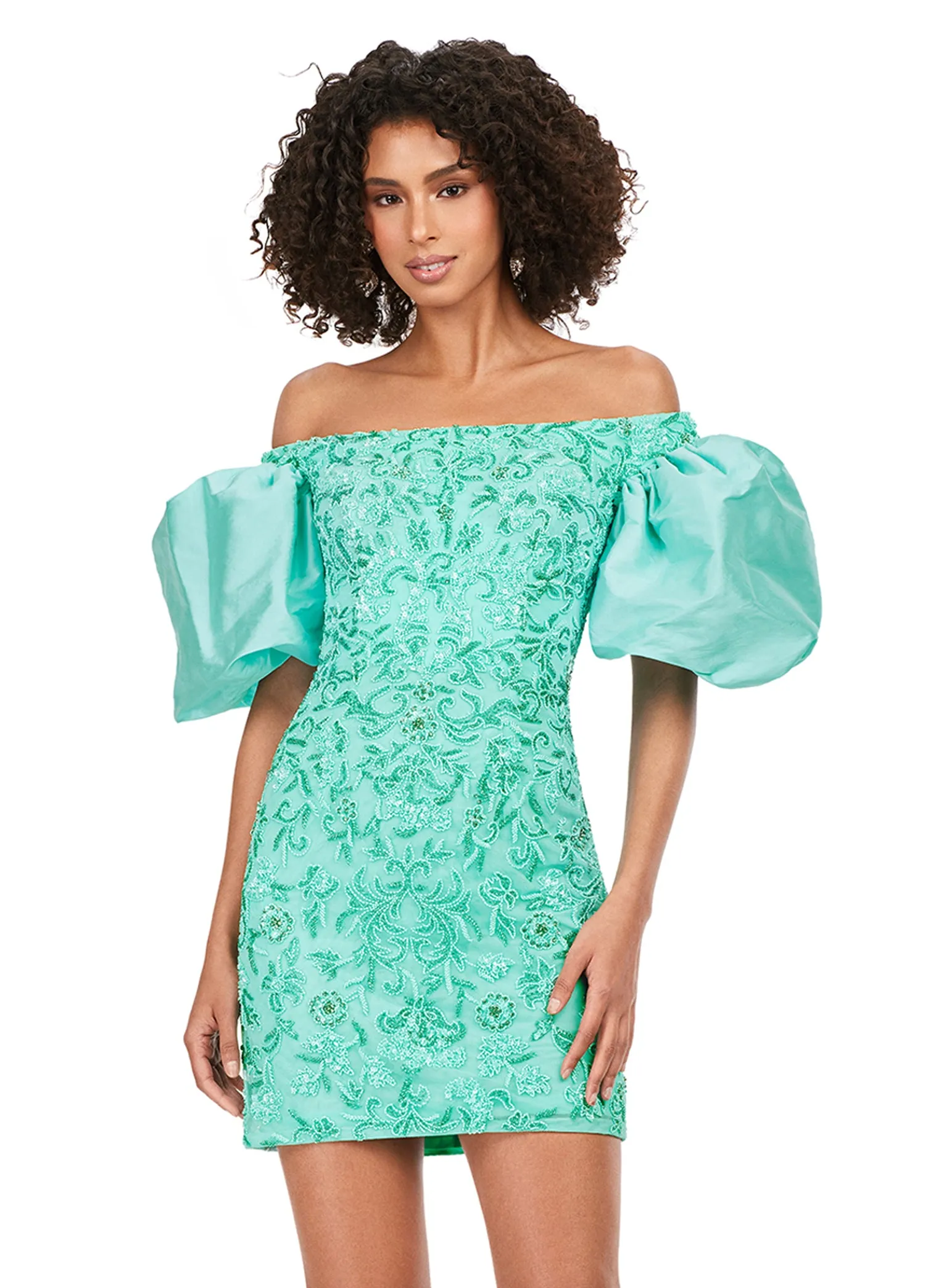 Ashley Lauren 4609 Off The Shoulder Puff Sleeve Beaded Fitted Cocktail Homecoming Dress