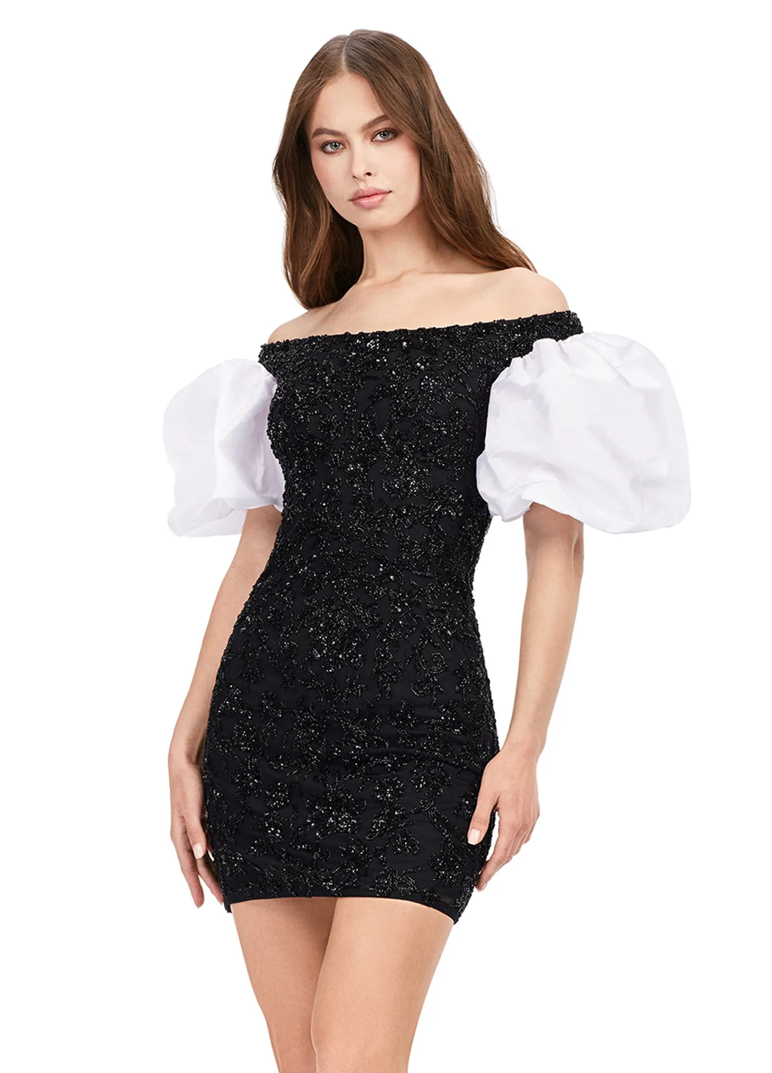 Ashley Lauren 4609 Off The Shoulder Puff Sleeve Beaded Fitted Cocktail Homecoming Dress