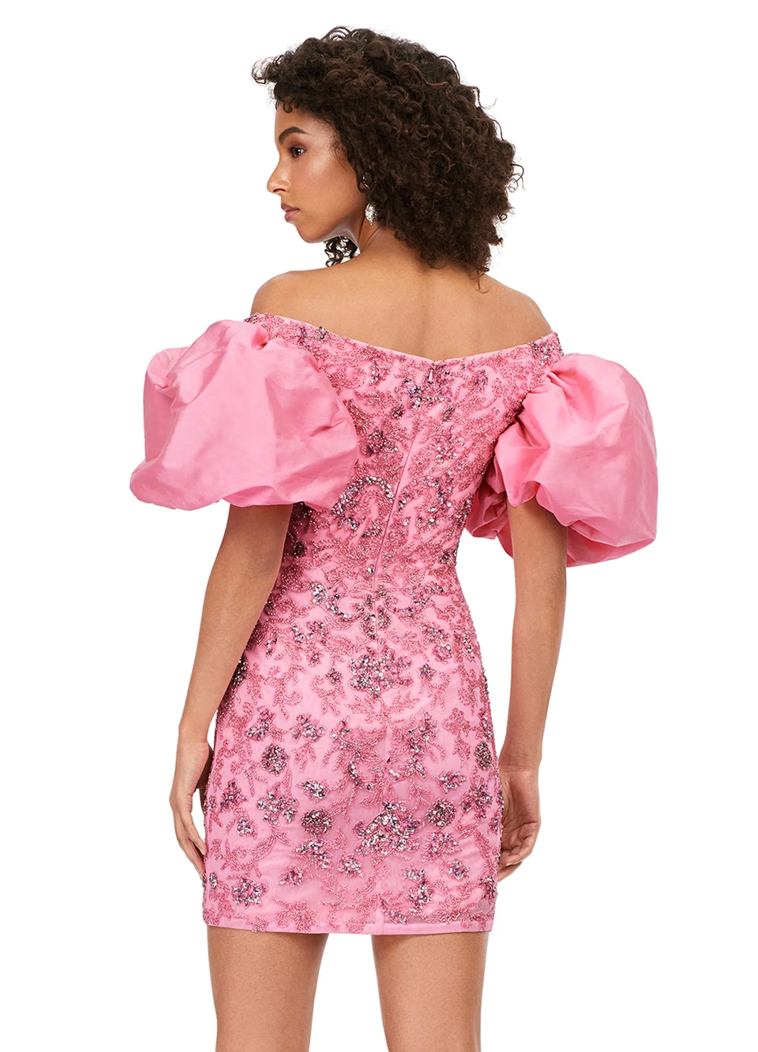 Ashley Lauren 4609 Off The Shoulder Puff Sleeve Beaded Fitted Cocktail Homecoming Dress