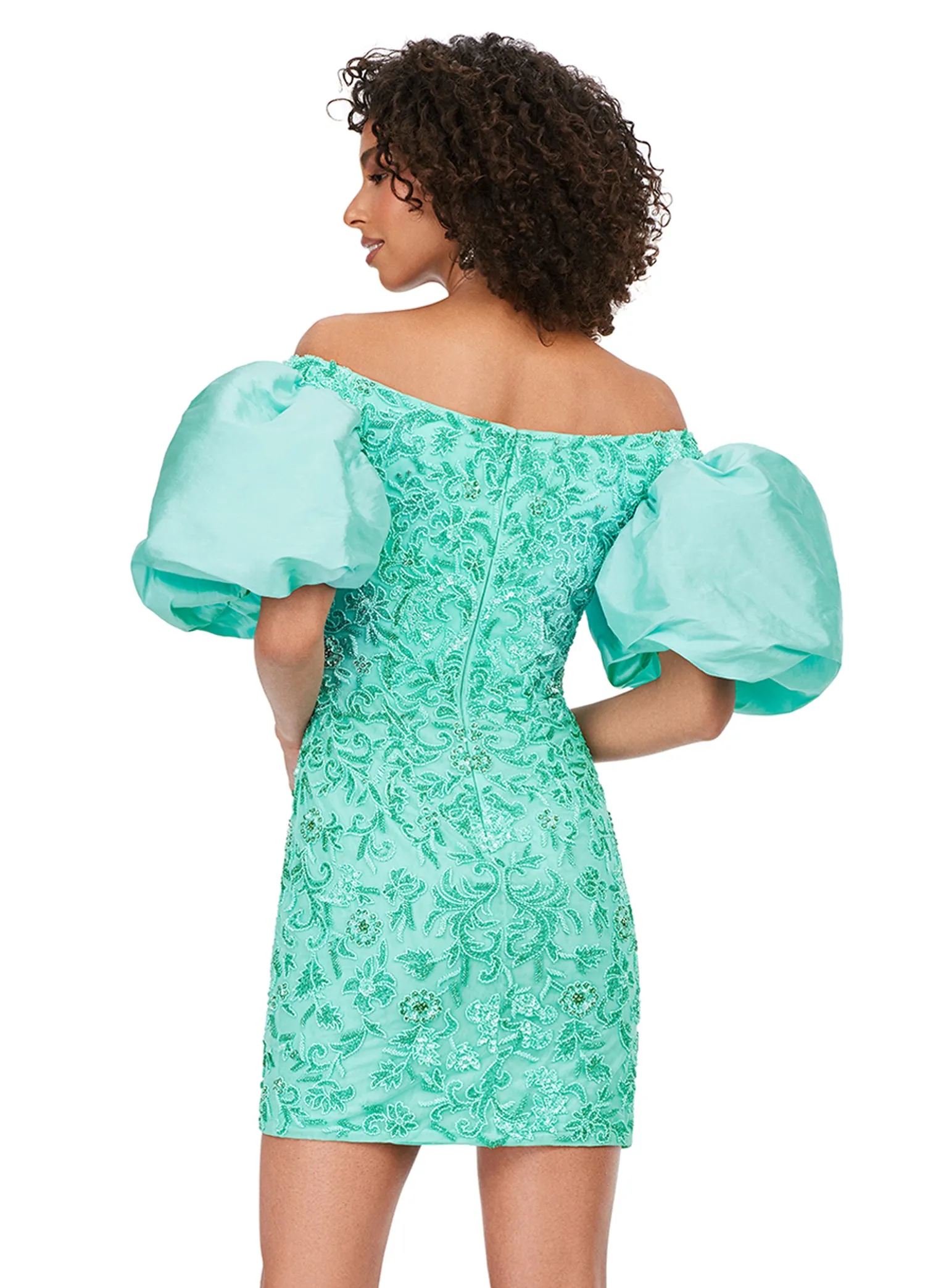 Ashley Lauren 4609 Off The Shoulder Puff Sleeve Beaded Fitted Cocktail Homecoming Dress