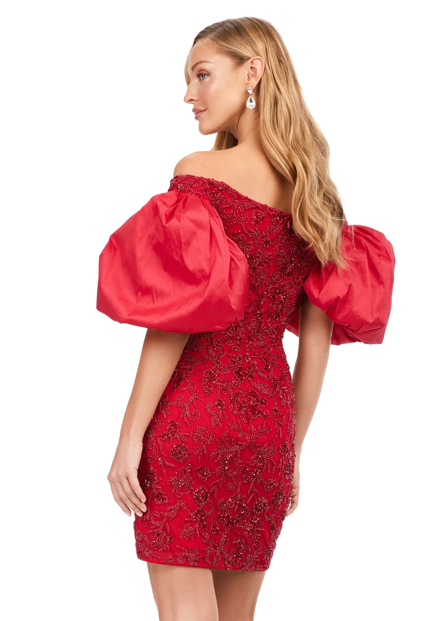 Ashley Lauren 4609 Off The Shoulder Puff Sleeve Beaded Fitted Cocktail Homecoming Dress