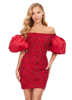 Ashley Lauren 4609 Off The Shoulder Puff Sleeve Beaded Fitted Cocktail Homecoming Dress