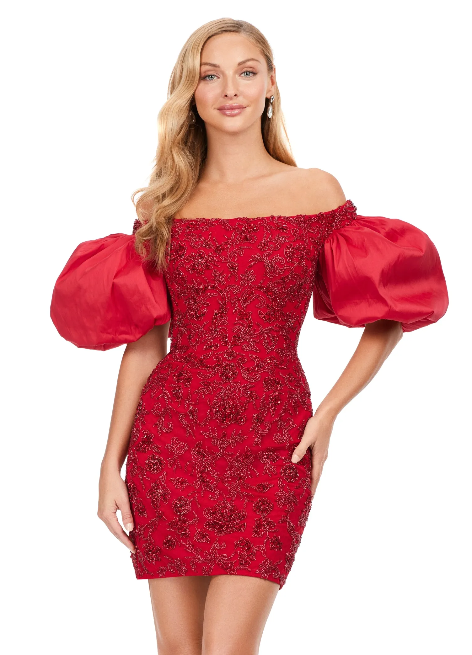 Ashley Lauren 4609 Off The Shoulder Puff Sleeve Beaded Fitted Cocktail Homecoming Dress