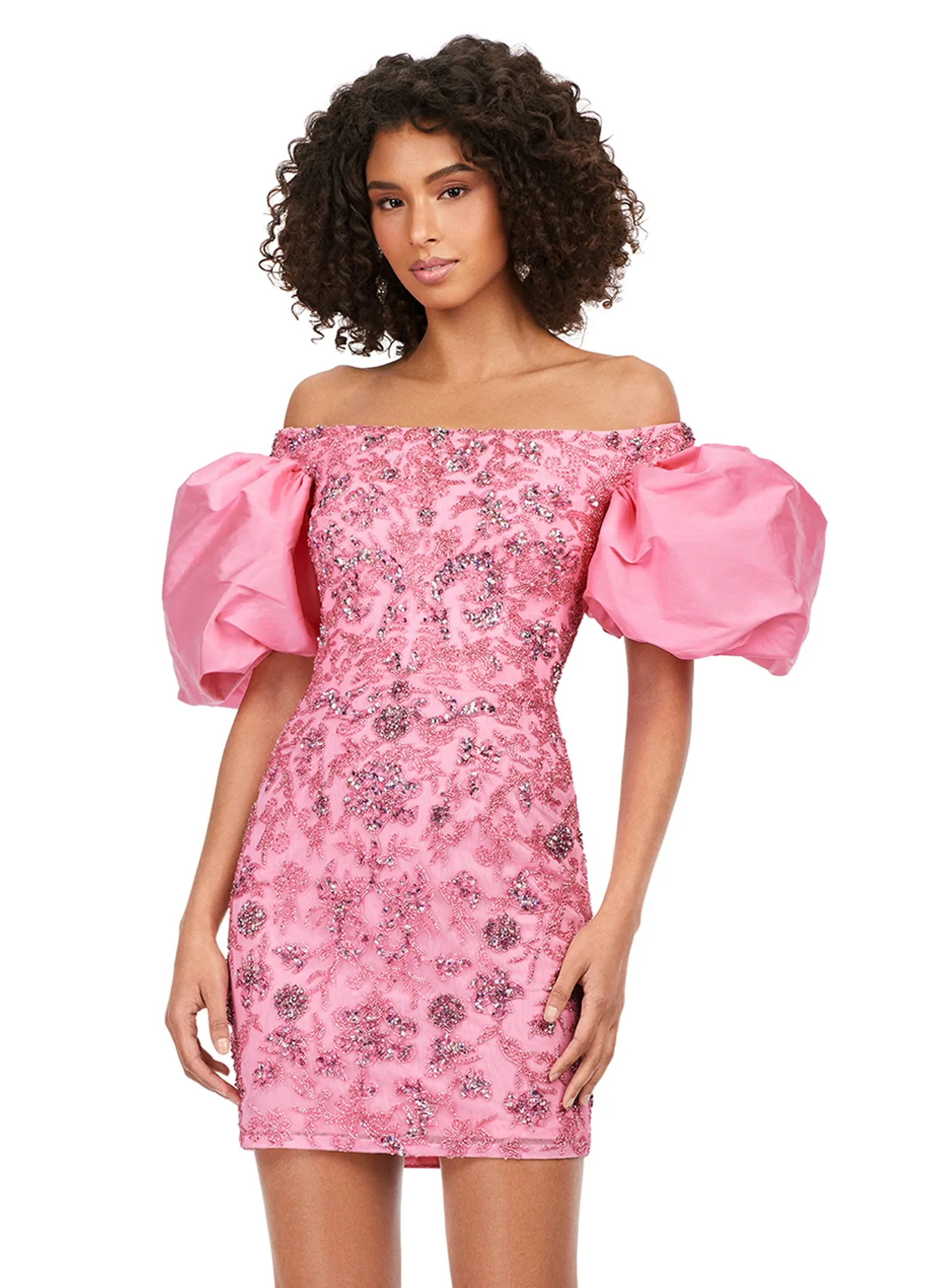 Ashley Lauren 4609 Off The Shoulder Puff Sleeve Beaded Fitted Cocktail Homecoming Dress
