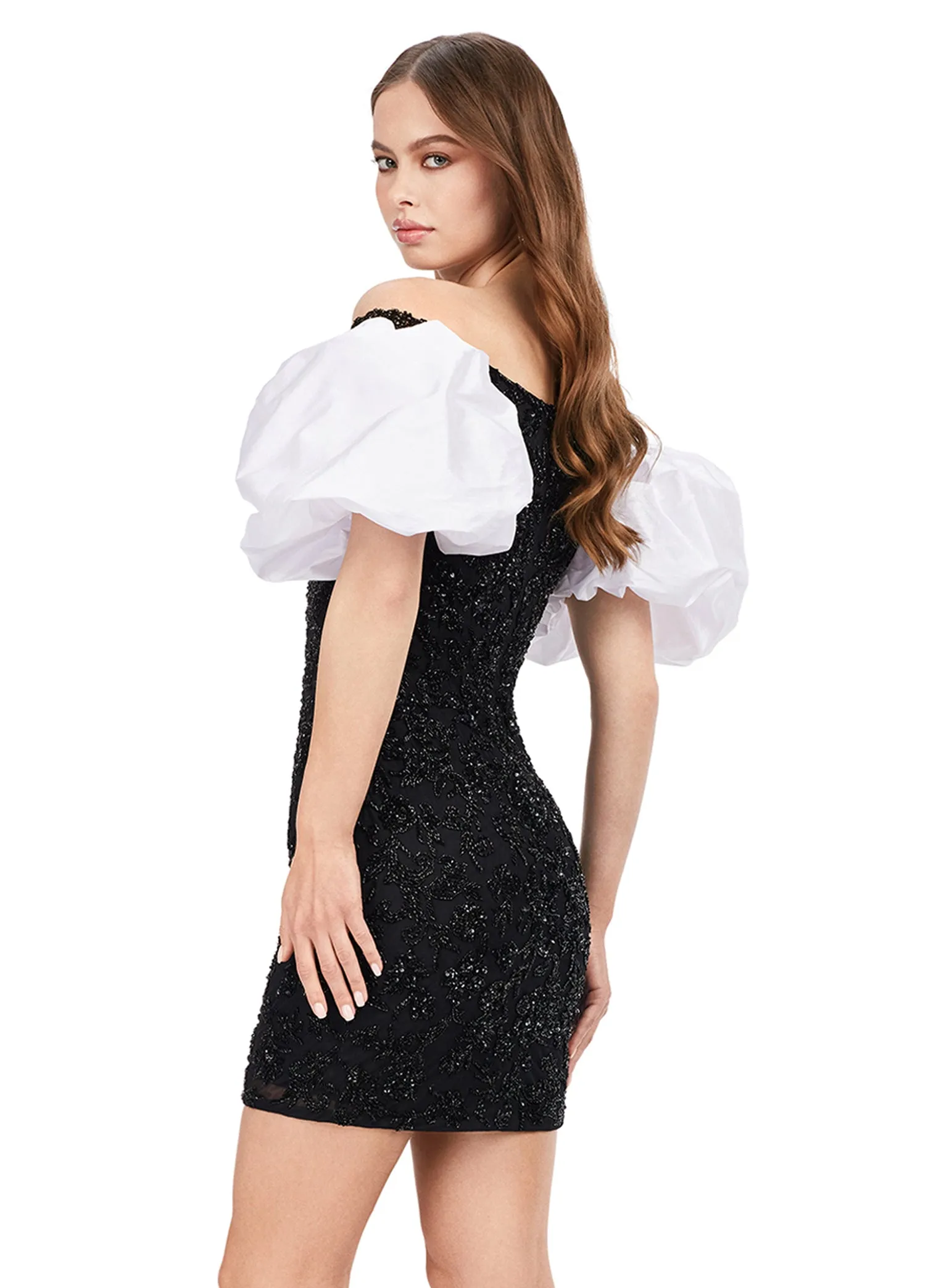 Ashley Lauren 4609 Off The Shoulder Puff Sleeve Beaded Fitted Cocktail Homecoming Dress