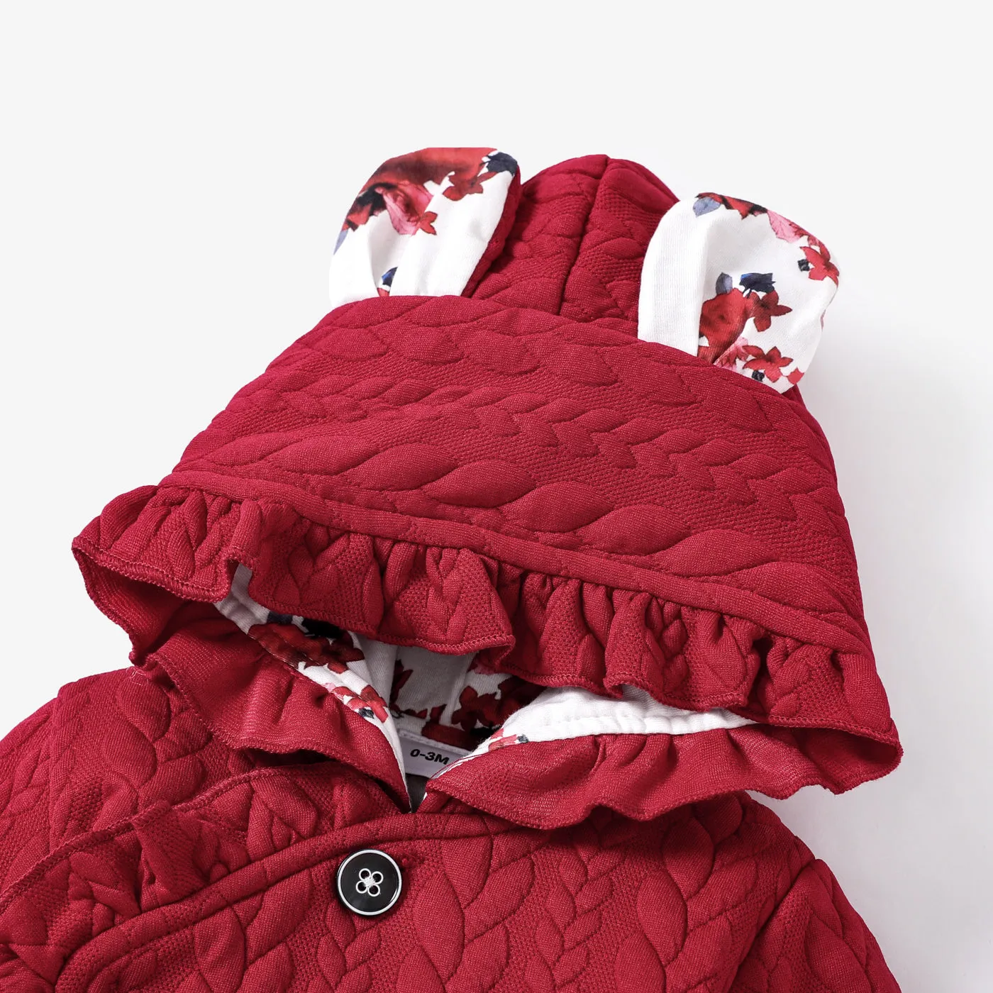 Baby Girl Button Front Frill Trim 3D Ears Hooded Long-sleeve Textured Jumpsuit