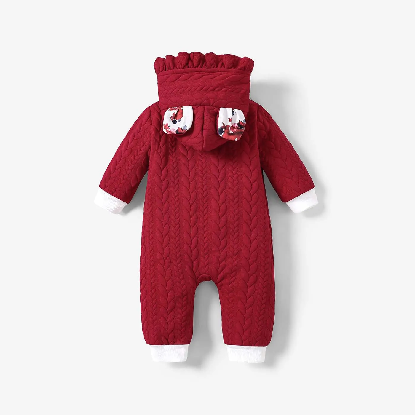 Baby Girl Button Front Frill Trim 3D Ears Hooded Long-sleeve Textured Jumpsuit