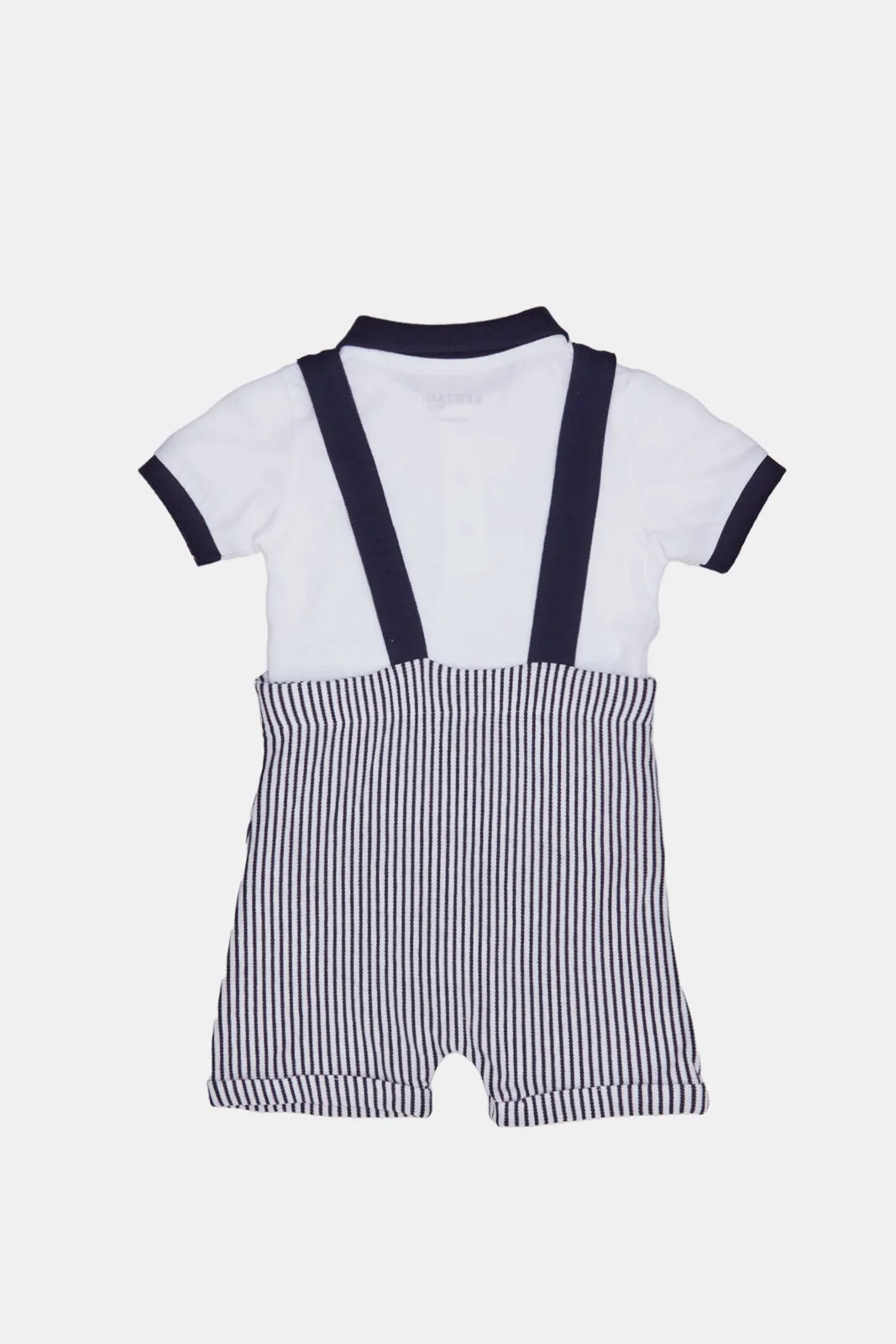 Baby White And Blue Striped Dungaree With Polo Shirt Set (2 Piece)