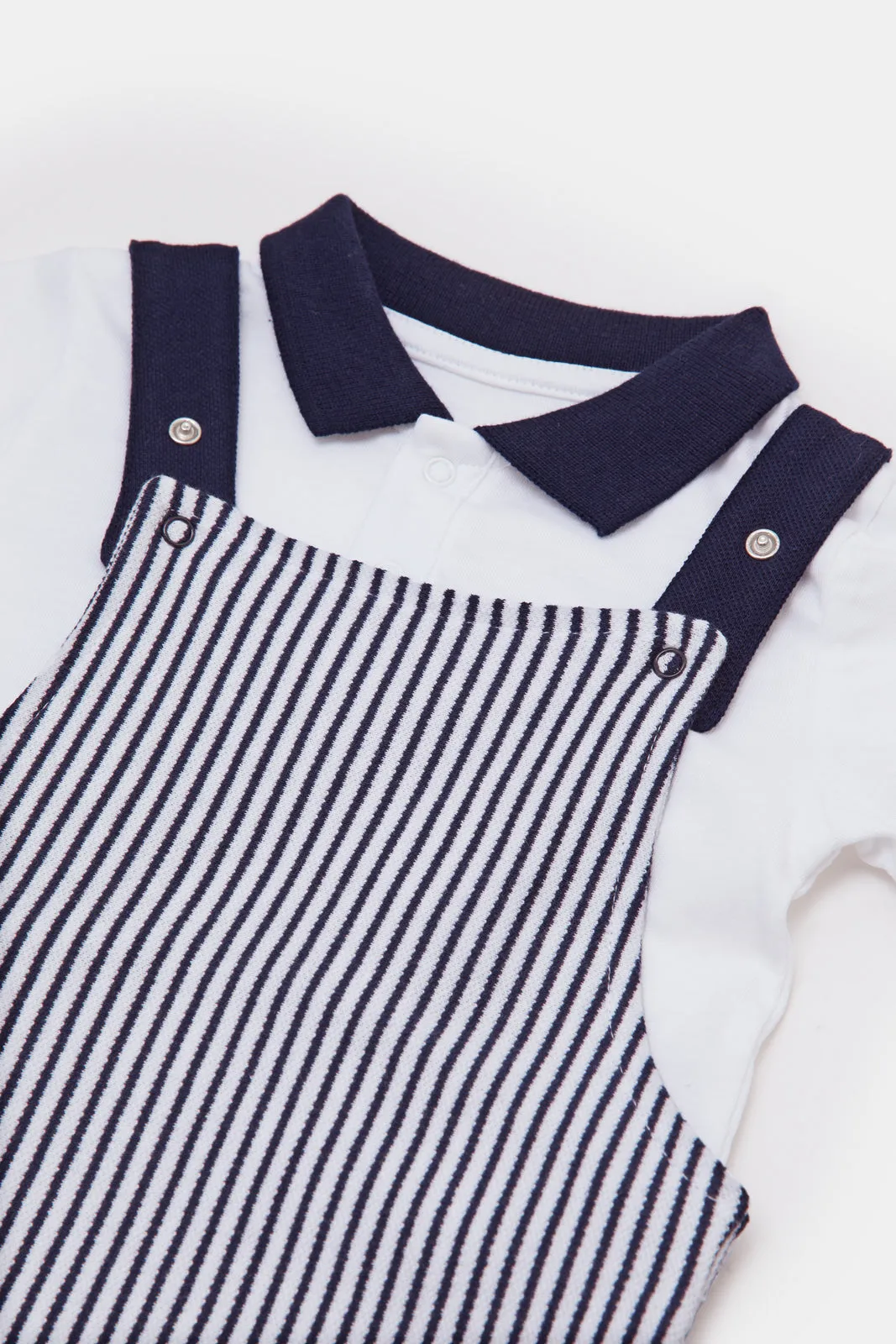 Baby White And Blue Striped Dungaree With Polo Shirt Set (2 Piece)