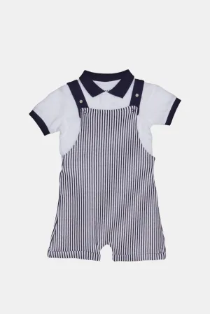 Baby White And Blue Striped Dungaree With Polo Shirt Set (2 Piece)