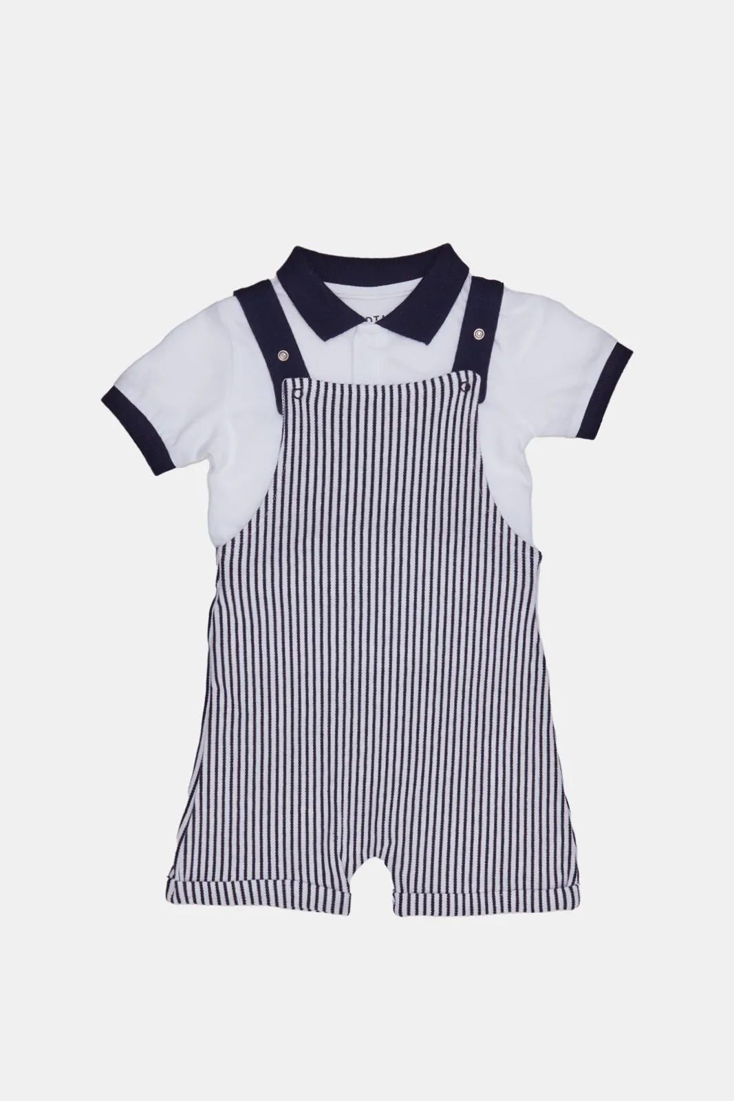 Baby White And Blue Striped Dungaree With Polo Shirt Set (2 Piece)