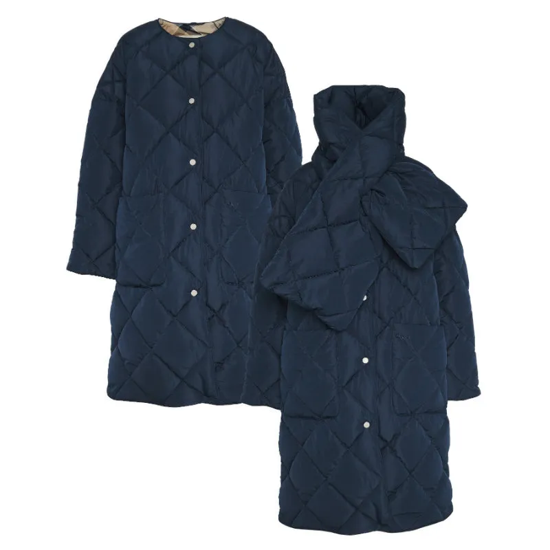 Barbour Brigitte Ladies Puffer Coat & Scarf - Navy/Sky Dress Tartan