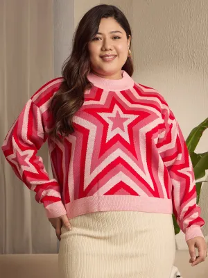 Berrylush Curve Women Pink Star Printed Round Neck Acrylic Ribbed Hem Regular Sweater