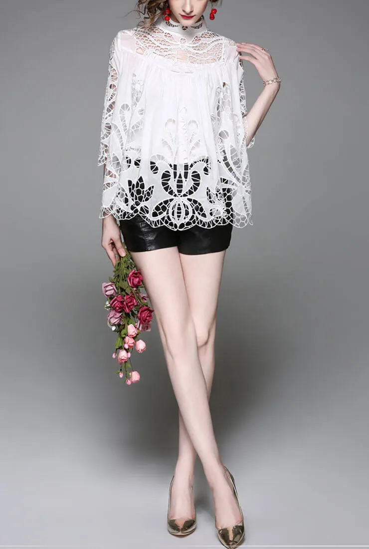 Casual Stand Collar Openwork Blouse