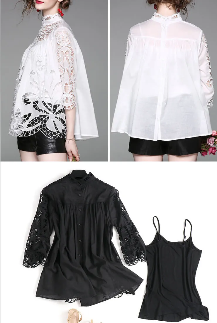 Casual Stand Collar Openwork Blouse