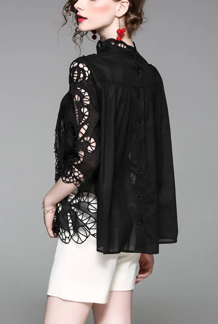 Casual Stand Collar Openwork Blouse