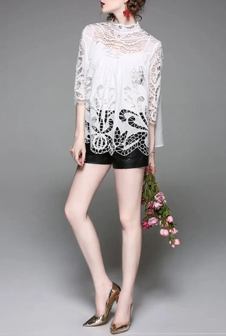 Casual Stand Collar Openwork Blouse