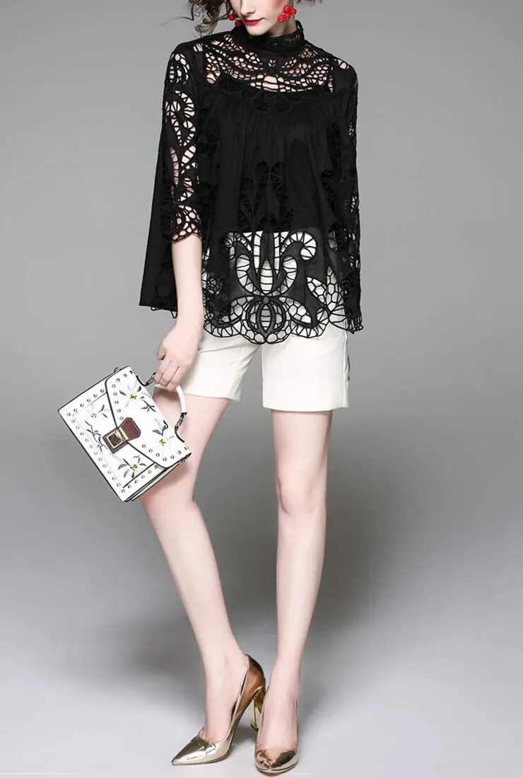 Casual Stand Collar Openwork Blouse