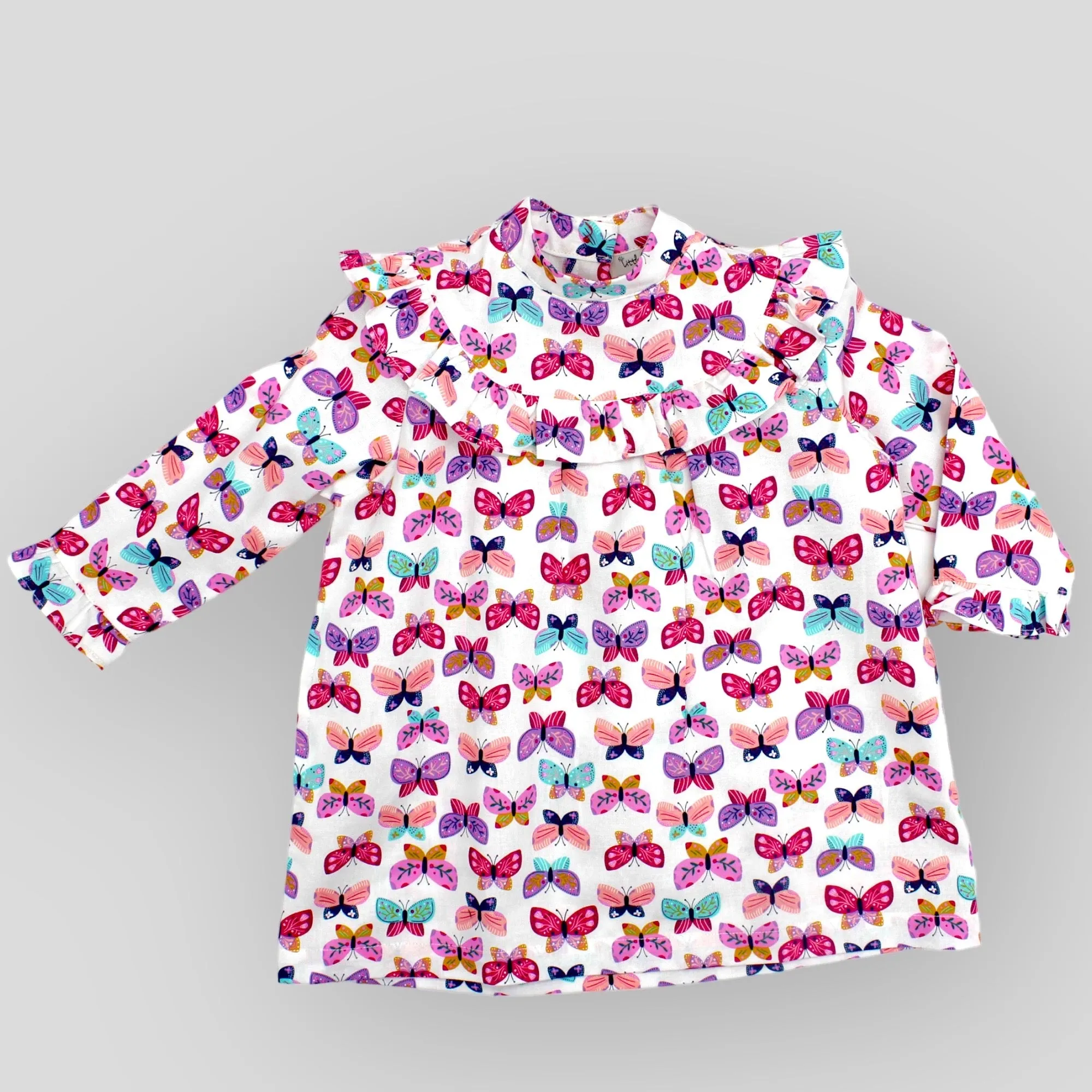 Cotton Pink Butterfly Printed Long Sleeve Dress for Babies and Kids