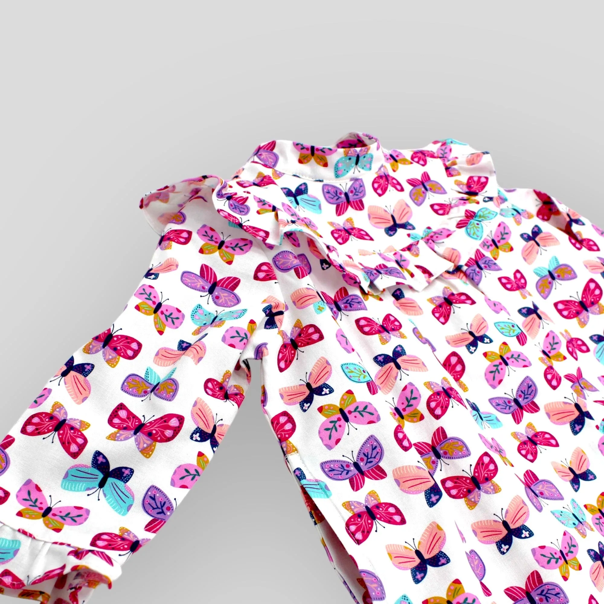 Cotton Pink Butterfly Printed Long Sleeve Dress for Babies and Kids