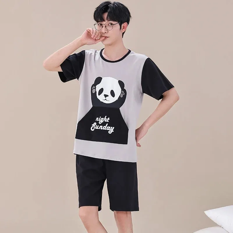 Couple Short Sleeve Casual Top And Cartoon Print Shorts