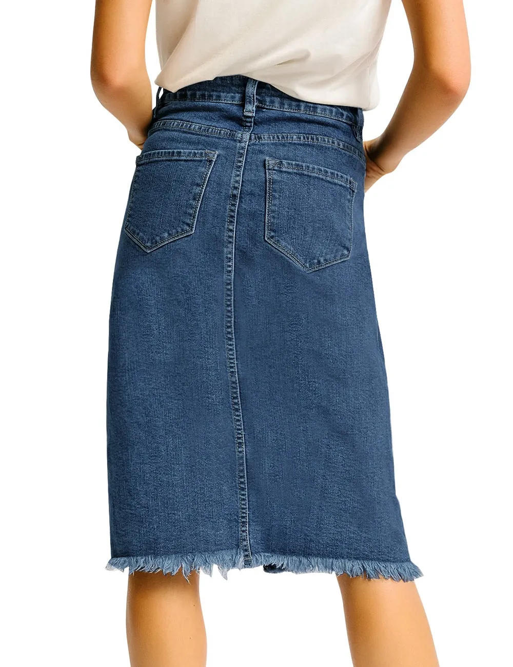 Dark Blue Frayed Hem Button-Down Midi Denim Skirt