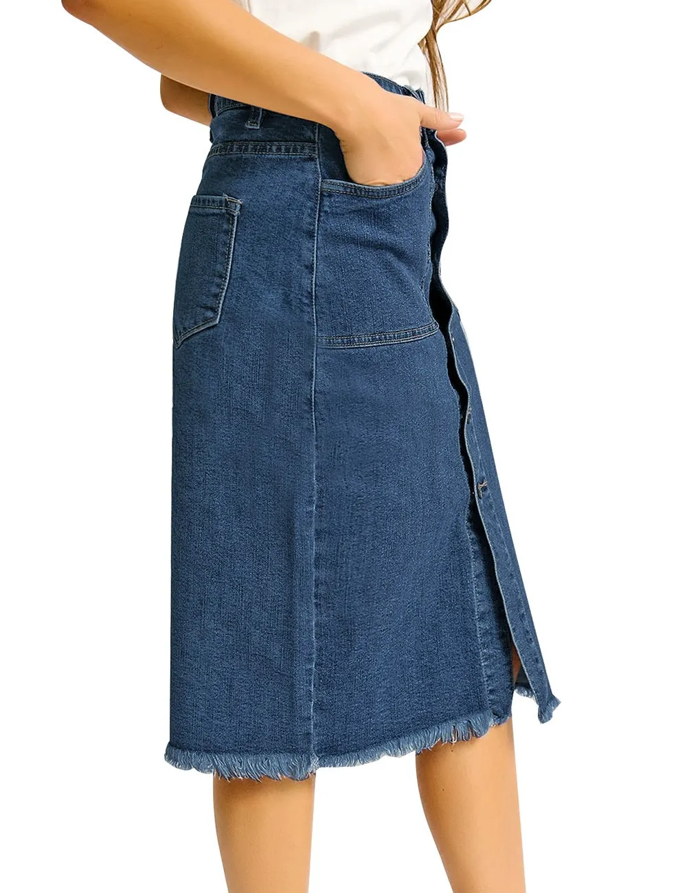 Dark Blue Frayed Hem Button-Down Midi Denim Skirt